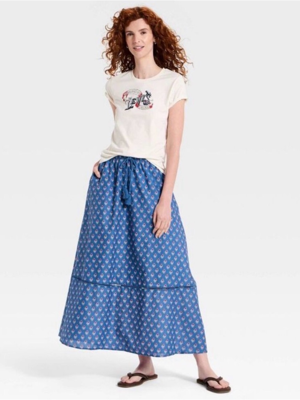 Universal Thread Blue Floral Tiered Drawstring Maxi Skirt - Picture 2 of 3